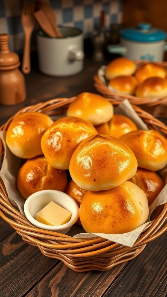 A basket of golden brown butter rolls, brushed with melted butter, on a wooden table with a dish of butter.